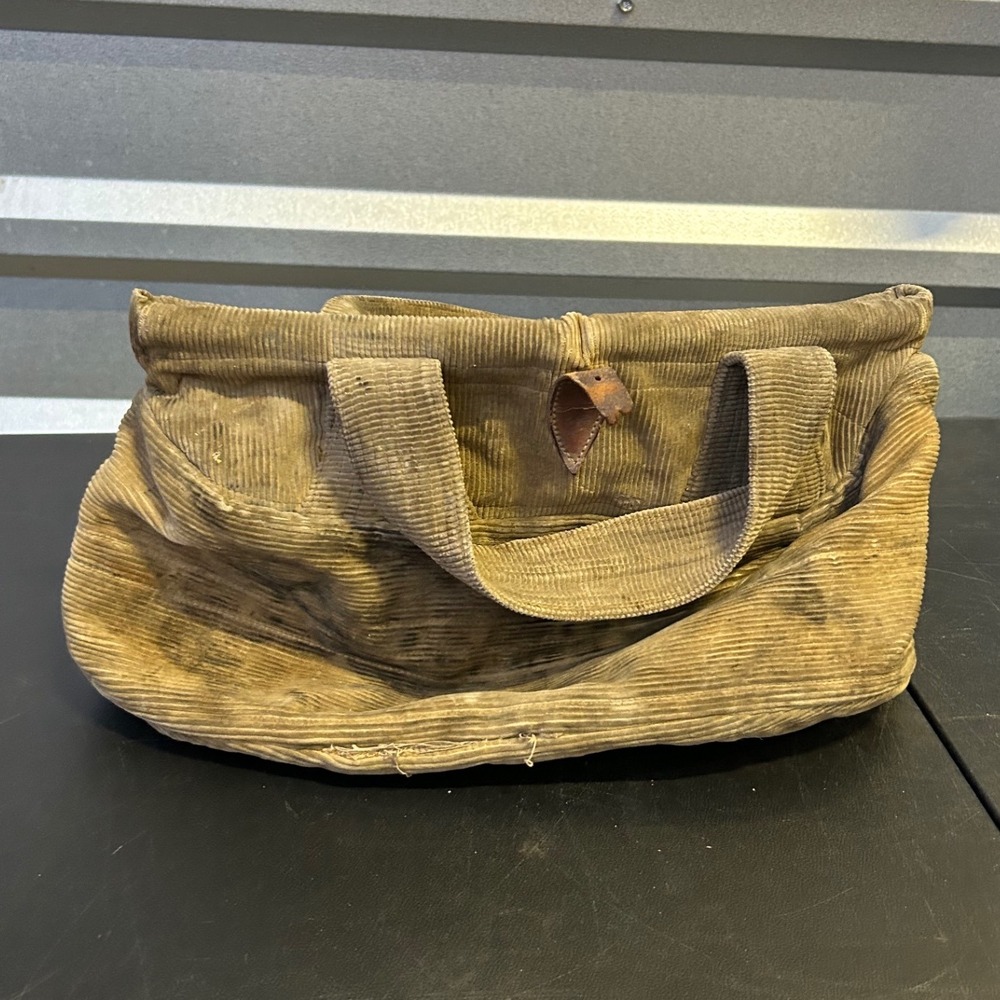 EARLY Antique Corduroy Fishing Bag/Satchel Leather Corduroy